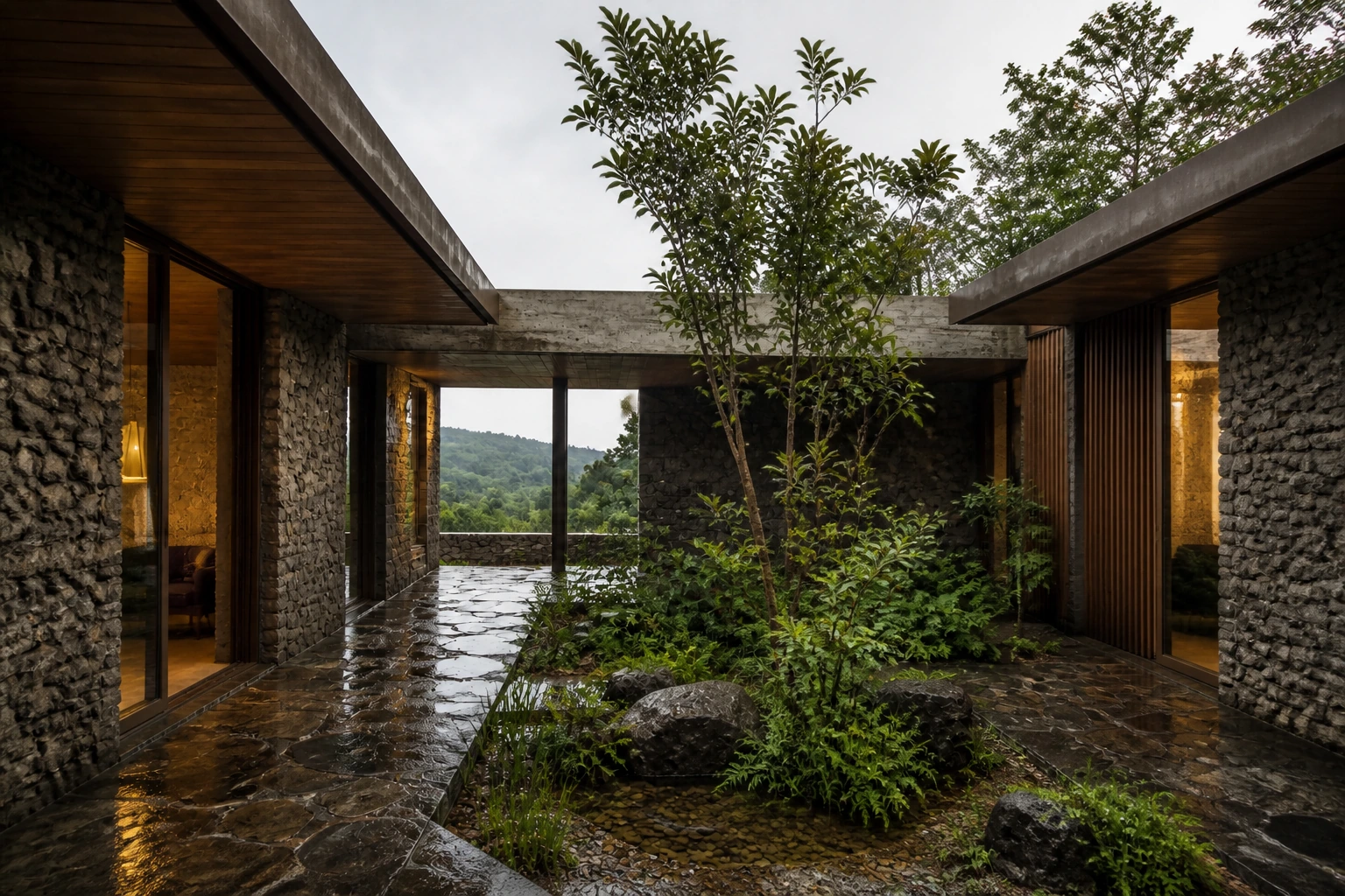 Protected stone courtyard with warm interior edges