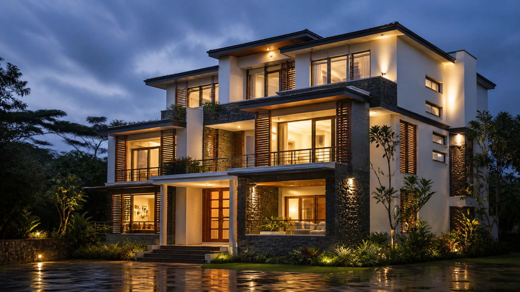 Contemporary multi-storey residence illuminated at dusk
