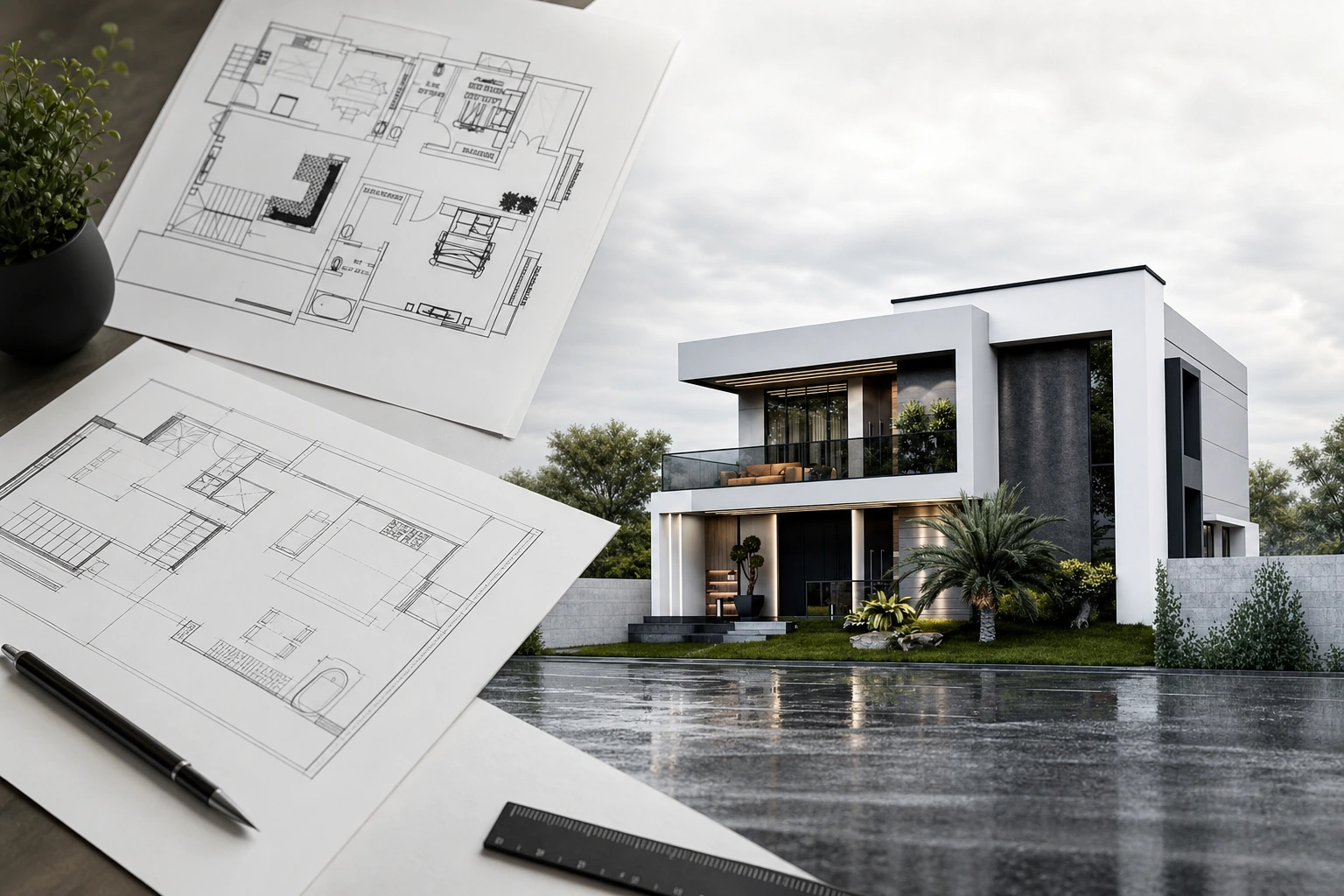 Architectural plans beside a modern residential design