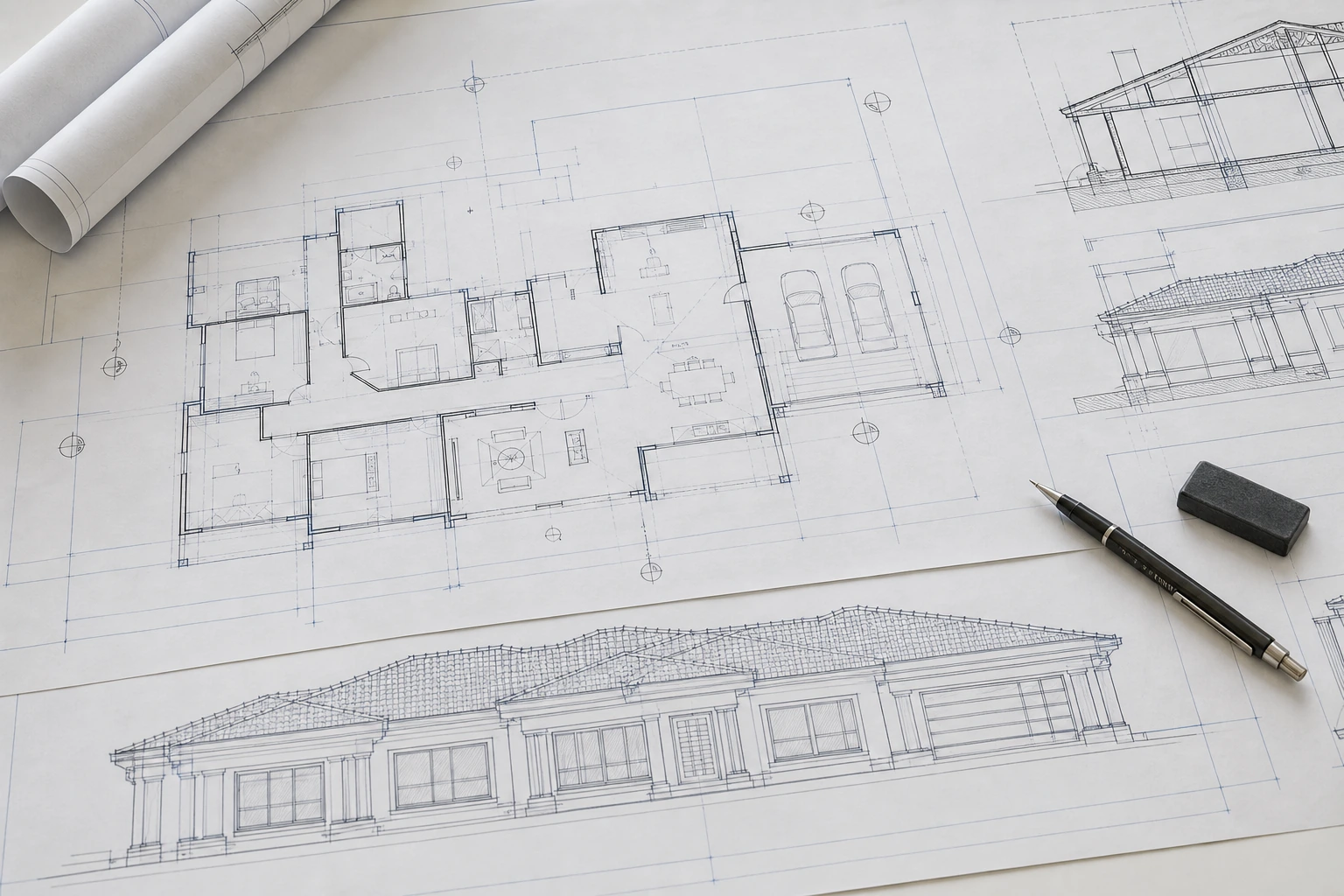 Detailed house plan and elevation drawing sheets